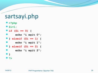 sartsayi.php
 <?php
 $i=1;
 if ($i == 0) {

echo "i eşit 0";
 } elseif ($i == 1) {


echo "i eşit 1";
 } elseif ($i == 2) {

echo "i eşit 2";
}
 ?>

11/02/14

PHP Programlama- Oğuzhan TAŞ

29

 