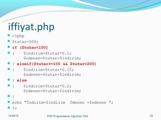 iffiyat.php
 <?php
 $tutar=500;
 if ($tutar<100)
{
$indirim=$tutar*0.1;
}
{
}
{

$odenen=$tutar-$indirim;
elseif($tutar>=100 && $tutar<200)
$indirim=$tutar*0.15;
$odenen=$tutar-$indirim;
else
$indirim=$tutar*0.2;
$odenen=$tutar-$indirim;

}
 echo "İndirim=$indirim
 ?>
11/02/14

Ödenen =$odenen ";

PHP Programlama- Oğuzhan TAŞ

30

 
