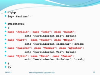  <?php
 $ay='Haziran';
 switch($ay)
{
 case "Aralık": case "Ocak": case "Şubat":

echo "Mevsimlerden Kış"; break;
 case "Mart": case "Nisan": case "Mayıs":

echo "Mevsimlerden İlkbahar"; break;
 case "Haziran": case "Temmuz": case "Ağustos":

echo "Mevsimlerden Yaz"; break;
 case "Eylül": case "Ekim": case "Kasım":

echo "Mevsimlerden Sonbahar"; break;
}
 ?>
11/02/14

PHP Programlama- Oğuzhan TAŞ

35

 