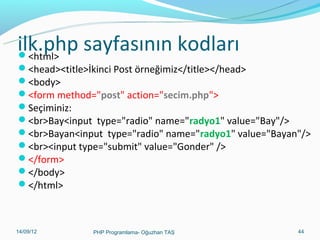 ilk.php sayfasının kodları
<html>

<head><title>İkinci Post örneğimiz</title></head>
<body>
<form method="post" action="secim.php">
Seçiminiz:
<br>Bay<input type="radio" name="radyo1" value="Bay"/>
<br>Bayan<input type="radio" name="radyo1" value="Bayan"/>
<br><input type="submit" value="Gonder" />
</form>
</body>
</html>

11/02/14

PHP Programlama- Oğuzhan TAŞ

44

 