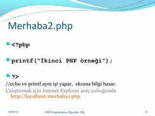 Merhaba2.php
<?php
printf(“İkinci PHP örneği”);
?>
//echo ve printf aynı işi yapar, ekrana bilgi basar.
Çalıştırmak için Intenet Explorer araç çubuğunda
http://localhost/merhaba2.php
11/02/14

PHP Programlama- Oğuzhan TAŞ

6

 