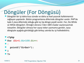 Döngüler (For Döngüsü)

 Döngüler bir işi daha kısa sürede ve daha az kod yazarak halletmemizi

sağlayan yapılardır. Bütün programlama dillerinde döngüler vardır. PHP’de
tıpkı C,Java dillerinde olduğu gibi üç tip döngü çeşidi vardır. For, Do-While
ve While döngüleri. Örneğin ekrana 1’den 100’e kadar sayılarıyazmak
isteyelim. Döngüler olmasa her sayıyı teker yazmamız gerekir, oysa
döngüyle aşağıda görüldüğü gibi birkaç satırda bu işi halledebiliriz.

 <?php
 for ($i=1;$i<100;$i++)
{


printf("$i<br>");

}
 ?>
11/02/14

PHP Programlama- Oğuzhan TAŞ

61

 