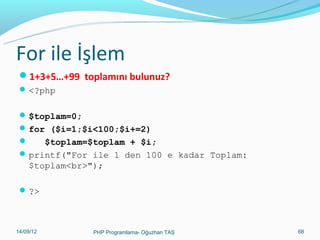 For ile İşlem
1+3+5…+99 toplamını bulunuz?
 <?php
 $toplam=0;
 for ($i=1;$i<100;$i+=2)

$toplam=$toplam + $i;
 printf("For ile 1 den 100 e kadar Toplam:

$toplam<br>");
 ?>

11/02/14

PHP Programlama- Oğuzhan TAŞ

68

 