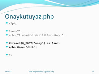 Onaykutuyaz.php
 <?php
 $sec="";
 echo "Arabadaki özellikler:<br> ";
 foreach($_POST['onay'] as $sec)
 echo $sec."<br>";
 ?>

11/02/14

PHP Programlama- Oğuzhan TAŞ

72

 