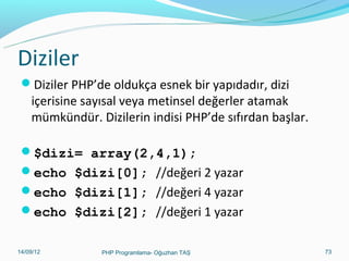 Diziler
Diziler PHP’de oldukça esnek bir yapıdadır, dizi

içerisine sayısal veya metinsel değerler atamak
mümkündür. Dizilerin indisi PHP’de sıfırdan başlar.

$dizi= array(2,4,1);
echo $dizi[0]; //değeri 2 yazar
echo $dizi[1]; //değeri 4 yazar
echo $dizi[2]; //değeri 1 yazar
11/02/14

PHP Programlama- Oğuzhan TAŞ

73

 
