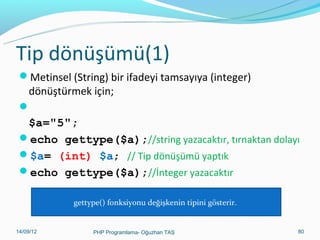 Tip dönüşümü(1)
Metinsel (String) bir ifadeyi tamsayıya (integer)

dönüştürmek için;



$a="5";
echo gettype($a);//string yazacaktır, tırnaktan dolayı
$a= (int) $a; // Tip dönüşümü yaptık
echo gettype($a);//İnteger yazacaktır
gettype() fonksiyonu değişkenin tipini gösterir.

11/02/14

PHP Programlama- Oğuzhan TAŞ

80

 