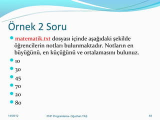 Örnek 2 Soru
matematik.txt dosyası içinde aşağıdaki şekilde

öğrencilerin notları bulunmaktadır. Notların en
büyüğünü, en küçüğünü ve ortalamasını bulunuz.
10
30
45
70
20
80
11/02/14

PHP Programlama- Oğuzhan TAŞ

84

 