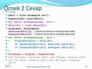 Örnek 2 Cevap
 <?php

 $dizi = file("matematik.txt");
 $ogrencisay= count($dizi);
 for ($i=0; $i<$ogrencisay ; $i++ )
 $dizi[$i] = (int) $dizi[$i];
 $toplam=0; $ortalama=0;

$enkucuk=$dizi[0]; // dizinin ilk elemanını en küçük kabul ettik.
$enbuyuk=$dizi[0]; // dizinin ilk elemanını en büyük kabul ettik.
 for ($i=0; $i<$ogrencisay ; $i++ )
{
$toplam=$toplam + $dizi[$i];

if ($enkucuk>$dizi[$i]) $enkucuk= $dizi[$i];

if ($enbuyuk<$dizi[$i]) $enbuyuk= $dizi[$i];
}
 $ortalama = $toplam / $ogrencisay;
 echo "Ortalama = $ortalama <br>"; echo "Toplam = $toplam <br>";
 echo "En küçük = $enkucuk <br>"; echo "En büyük = $enbuyuk

<br>";
 ?>

11/02/14

PHP Programlama- Oğuzhan TAŞ

85

 
