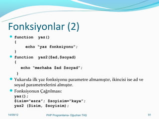 Fonksiyonlar (2)
 function

yaz()

{
echo “yaz fonksiyonu”;
}
 function yaz2($ad,$soyad)
{
echo “merhaba $ad $soyad”;
}

 Yukarıda ilk yaz fonksiyonu parametre almamıştır, ikincisi ise ad ve

soyad parametrelerini almıştır.
 Fonksiyonun Çağrılması:

yaz();
$isim=“esra”; $soyisim=“kaya”;
yaz2 ($isim, $soyisim);
11/02/14

PHP Programlama- Oğuzhan TAŞ

91

 