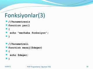 Fonksiyonlar(3)
 //Parametresiz
 function yaz()
{
 echo “merhaba fonksiyon”;
}
 //Parametreli
 function mesaj($deger)
{
 echo $deger;
}
11/02/14

PHP Programlama- Oğuzhan TAŞ

92

 