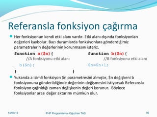 Referansla fonksiyon çağırma
 Her fonksiyonun kendi etki alanı vardır. Etki alanı dışında fonksiyonları

değerleri kaybolur. Bazı durumlarda fonksiyonlara gönderdiğimiz
parametrelerin değerlerinin korunmasını isteriz.
function a($n){
function b($n){
//A fonksiyonu etki alanı
//B fonksiyonu etki alanı
b($n);
$n=$n+1;
}
}
 Yukarıda a isimli fonksiyon $n parametresini almıştır, $n değişkeni b
fonksiyonuna gönderildiğinde değerinin değişmesini istiyorsak Referansla
fonksiyon çağrıldığı zaman değişkenin değeri korunur. Böylece
fonksiyonlar arası değer aktarımı mümkün olur.

11/02/14

PHP Programlama- Oğuzhan TAŞ

99

 
