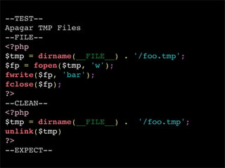 --TEST--
Apagar TMP Files
--FILE--
<?php
$tmp = dirname(__FILE__) . '/foo.tmp';
$fp = fopen($tmp, 'w');
fwrite($fp, 'bar');
fclose($fp);
?>
--CLEAN--
<?php
$tmp = dirname(__FILE__) . '/foo.tmp';
unlink($tmp)
?>
--EXPECT--
 
