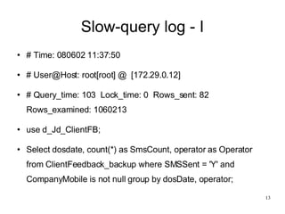Slow-query log - I # Time: 080602 11:37:50 # User@Host: root[root] @  [172.29.0.12] # Query_time: 103  Lock_time: 0  Rows_sent: 82  Rows_examined: 1060213 use d_Jd_ClientFB; Select dosdate, count(*) as SmsCount, operator as Operator from ClientFeedback_backup where SMSSent = 'Y' and CompanyMobile is not null group by dosDate, operator; 