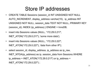 Store IP addresses CREATE TABLE Sessions (session_id INT UNSIGNED NOT NULL AUTO_INCREMENT, display_address varchar(15),  ip_address INT UNSIGNED NOT NULL, session_data TEXT NOT NULL, PRIMARY KEY (session_id), INDEX (ip_address) ) ENGINE = InnoDB; insert into Sessions values (NULL, '172.29.0.217', INET_ATON('172.29.0.217'), 'some more data'); insert into Sessions values (NULL, '172.29.0.227', INET_ATON('172.29.0.227'), 'data from other IP'); select session_id, display_address, ip_address as ip_raw, INET_NTOA(ip_address) as ip, session_data from Sessions WHERE ip_address = INET_ATON('172.29.0.217') or ip_address = INET_ATON('172.29.0.227') ; 