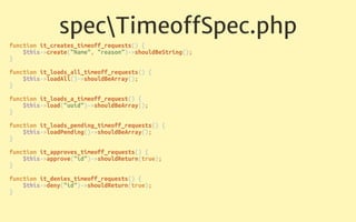 specTimeoﬀSpec.php
function it_loads_a_timeoff_request() { 
$this->load("uuid")->shouldBeArray(); 
} 
 
function it_loads_...