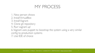 Chris Stone | E-Moxie | @cmstone | php[tek] 2014 | Shell Revolution | https://joind.in/10644 23
MY PROCESS
1. New person shows	

2. InstallVirtualBox	

3. InstallVagrant	

4. Clone git repository	

5. Run ‘vagrant up’	

6.Vagrant uses puppet to boostrap the system using a very similar
conﬁg to production systems	

7. Use IDE of choice
 