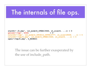 The internals of ﬁle ops.
stat64("./b.php", {st_mode=S_IFREG|0644, st_size=6, ...}) = 0
getcwd("/tmp", 4096) = 5
lstat64("/tmp", {st_mode=S_IFDIR|S_ISVTX|0777, st_size=18008, ...}) = 0
lstat64("/tmp/b.php", {st_mode=S_IFREG|0644, st_size=6, ...}) = 0
open("/tmp/b.php", O_RDONLY)
The issue can be further exasperated by
the use of include_path.
 