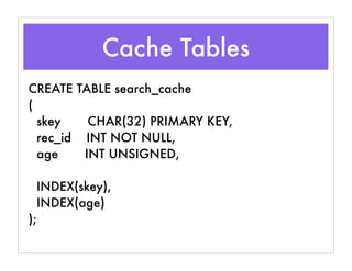 Cache Tables
CREATE TABLE search_cache
(
skey CHAR(32) PRIMARY KEY,
rec_id INT NOT NULL,
age INT UNSIGNED,
INDEX(skey),
INDEX(age)
);
 