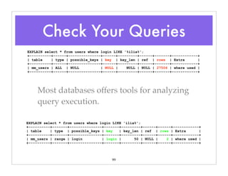 99
Most databases offers tools for analyzing
query execution.
EXPLAIN select * from users where login LIKE '%ilia%';
+----------+------+---------------+------+---------+------+-------+------------+
| table | type | possible_keys | key | key_len | ref | rows | Extra |
+----------+------+---------------+------+---------+------+-------+------------+
| mm_users | ALL | NULL | NULL | NULL | NULL | 27506 | where used |
+----------+------+---------------+------+---------+------+-------+------------+
EXPLAIN select * from users where login LIKE 'ilia%';
+----------+-------+---------------+-------+---------+------+------+------------+
| table | type | possible_keys | key | key_len | ref | rows | Extra |
+----------+-------+---------------+-------+---------+------+------+------------+
| mm_users | range | login | login | 50 | NULL | 2 | where used |
+----------+-------+---------------+-------+---------+------+------+------------+
Check Your Queries
 