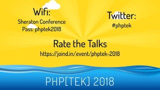 @adam_englander
PHP[TEK] 2018
Wiﬁ:
Sheraton Conference
Pass: phptek2018
Twitter:
#phptek
Rate the Talks
https://joind.in/event/phptek-2018
 