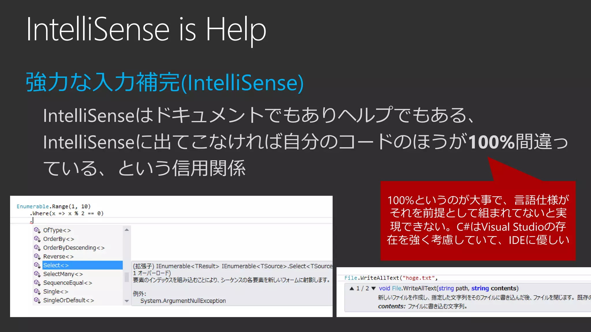 IntelliSense is Help
強力な入力補完(IntelliSense)
IntelliSenseはドキュメントでもありヘルプでもある、
IntelliSenseに出てこなければ自分のコードのほうが100%間違っ
ている、という信用関係
100%というのが大事で、言語仕様が
それを前提として組まれてないと実
現できない。C#はVisual Studioの存
在を強く考慮していて、IDEに優しい
 