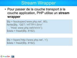 Stream Wrapper
●   Pour passer de la couche transport à la
    couche application, PHP utilise un stream
    wrapper
    $fp Transport :
     – = fsockopen(‘www.php.net’, 80);
    fwrite($fp, “GET / HTTP/1.0rn”
      . “Host: www.php.netrnrn”);
    $data = fread($fp, 8192);


    $fp Application (wrapper http://) :
     – = fopen(‘http://www.php.net’, ‘r’);
    $data = fread($fp, 8192);
 