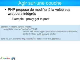 Agir sur une couche
    ●   PHP propose de modifier à la volée ses
        wrappers intégrés
        –   Exemple : proxy get to post

$context = stream_context_create(
   array('http' =>array('method'=>'POST',
                         'header'=>'Content-Type: application/x-www-form-urlencoded',
                         'content'=>http_build_query($_GET)))
                                     );
echo file_get_contents("http://inject-post-data-server",null,$context);
 
