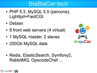 BlaBlaCar tech
●   PHP 5.3, MySQL 5.5 (percona),
    Lighttpd+FastCGI
●   Debian
●   8 front web servers (4 virtual)
●   1 MySQL master, 2 slaves
●   200Gb MySQL data

●   Redis, ElasticSearch, Symfony2,
    RabbitMQ, OpscodeChef ...
 