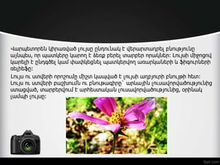 Վարպետորեն կիրառված լույսը ընդունակ է վերարտադրել բնությունը
այնպես, որ պատկերը կարող է ձեռք բերել տարբեր որակներ: Լույսի միջոցով
կարելի է ընդգծել կամ փափկեցնել պատկերվող առարկաների և ֆիգուրների
ռելիեֆը:
Լույս ու ստվերի որոշումը միշտ կապված է լույսի աղբյուրի բնույթի հետ:
Լույս ու ստվերի բաշխումն ու բնութագիրը` արևային լուսավորվածությունից
ստացված, տարբերվում է արհեստական լուսավորվածությունից, օրինակ
լամպի լույսը:
 