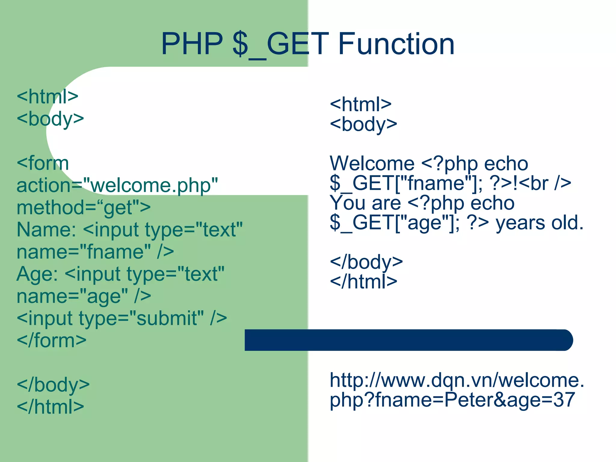 PHP $_GET Function <html> <body> <form action=&quot;welcome.php&quot; method=“get&quot;> Name: <input type=&quot;text&quot; name=&quot;fname&quot; /> Age: <input type=&quot;text&quot; name=&quot;age&quot; /> <input type=&quot;submit&quot; /> </form> </body> </html> <html> <body> Welcome <?php echo $_GET[&quot;fname&quot;]; ?>!<br /> You are <?php echo $_GET[&quot;age&quot;]; ?> years old. </body> </html> http://www.dqn.vn/welcome.php?fname=Peter&age=37 