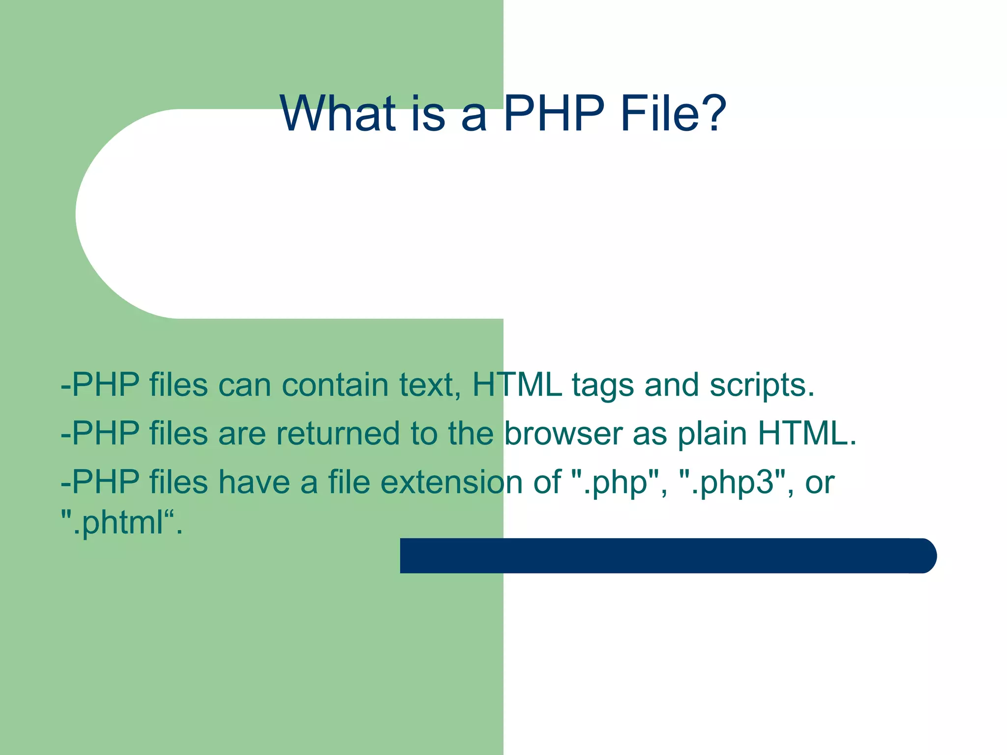 What is a PHP File? -PHP files can contain text, HTML tags and scripts. -PHP files are returned to the browser as plain HTML. -PHP files have a file extension of &quot;.php&quot;, &quot;.php3&quot;, or &quot;.phtml“. 
