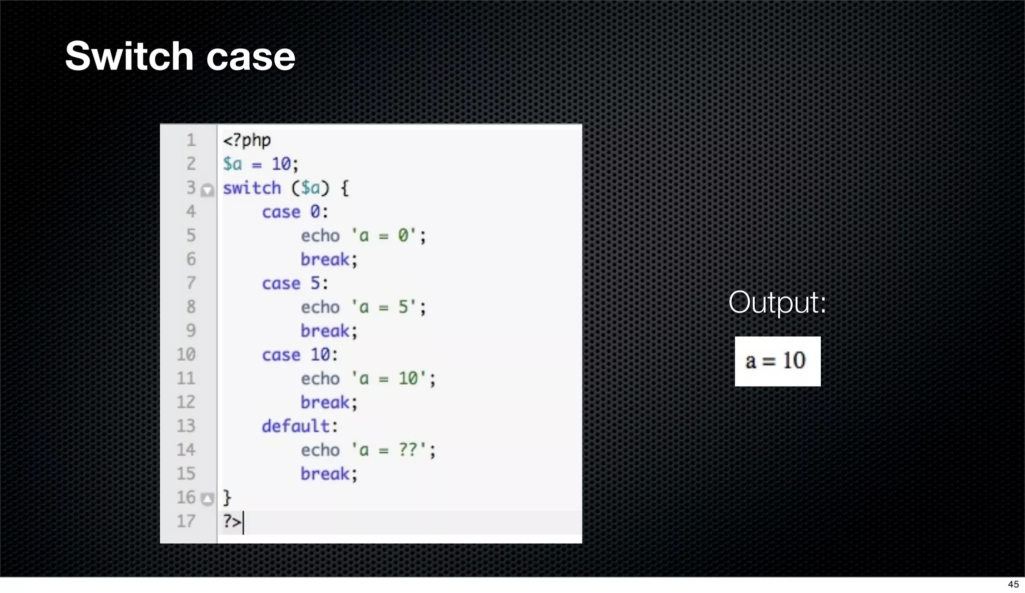 Switch case
Output:
45
 
