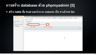สร้าง table ชื่อ fruit และจํานวน column เป็น 4 แล้วกด Go
การสร้าง database ด้วย phpmyadmin [5]
58
 