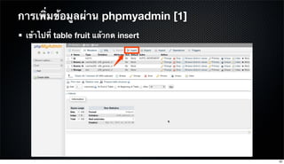 เข้าไปที่ table fruit แล้วกด insert
การเพิ่มข้อมูลผ่าน phpmyadmin [1]
62
 