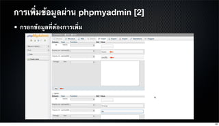 กรอกข้อมูลที่ต้องการเพิ่ม
การเพิ่มข้อมูลผ่าน phpmyadmin [2]
63
 