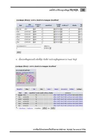 บทที่ 4 การใชงานฐานขอมูล MySQL

80

4. เมื่อกรอกขอมูลครบแลว คลิกที่ปุม “บันทึก” จะปรากฏขอมูลของตาราง “book” ดังรูป

การเขียนโปรแกรมออนไลนดวยภาษา PHP และ MySQL โดย เสกสรรค ศิวิลัย

 