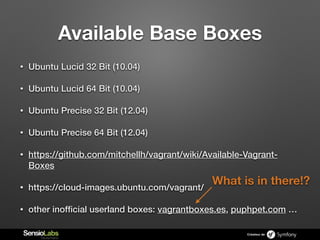 Créateur de
Available Base Boxes
• Ubuntu Lucid 32 Bit (10.04)
• Ubuntu Lucid 64 Bit (10.04)
• Ubuntu Precise 32 Bit (12.0...