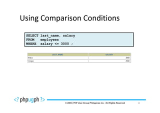 Using Comparison Conditions
 SELECT last_name, salary
 FROM   employees
 WHERE salary <= 3000 ;




                              33
 