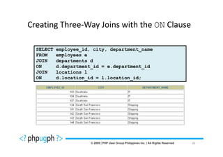 Creating Three-Way Joins with the ON Clause

  SELECT   employee_id, city, department_name
  FROM     employees e
  JOIN     departments d
  ON       d.department_id = e.department_id
  JOIN     locations l
  ON       d.location_id = l.location_id;




                                                49
 
