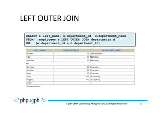 LEFT OUTER JOIN
 SELECT e.last_name, e.department_id, d.department_name
 FROM   employees e LEFT OUTER JOIN departments d
 ON   (e.department_id = d.department_id) ;




 …




                                                          53
 