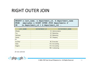 RIGHT OUTER JOIN
 SELECT e.last_name, e.department_id, d.department_name
 FROM   employees e RIGHT OUTER JOIN departments d
 ON    (e.department_id = d.department_id) ;




 …




                                                          54
 