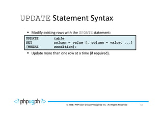 UPDATE Statement Syntax
   Modify existing rows with the UPDATE statement:
 UPDATE          table
 SET             column = value [, column = value, ...]
 [WHERE          condition];
   Update more than one row at a time (if required).




                                                          62
 