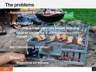 The problems
14
• Assumes good security on the network
• Low throughput
• Spinning up a new php worker process takes time
• Could we use php-fpm to communicate to workers
instead?
• Am I reinventing the wheel?
• Others?
• Suggestions are welcome
 