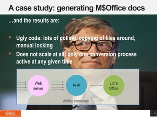 A case study: generating M$Office docs
4
…and the results are:
• Ugly code: lots of polling, copying of files around,
manual locking
• Does not scale at all: only one conversion process
active at any given time
Web
server
PHP
Libre
Office
Waiting processes
 