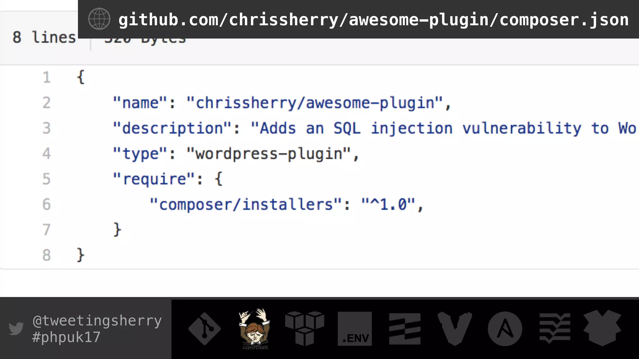@tweetingsherry
#phpuk17
github.com/chrissherry/awesome-plugin/composer.json
 