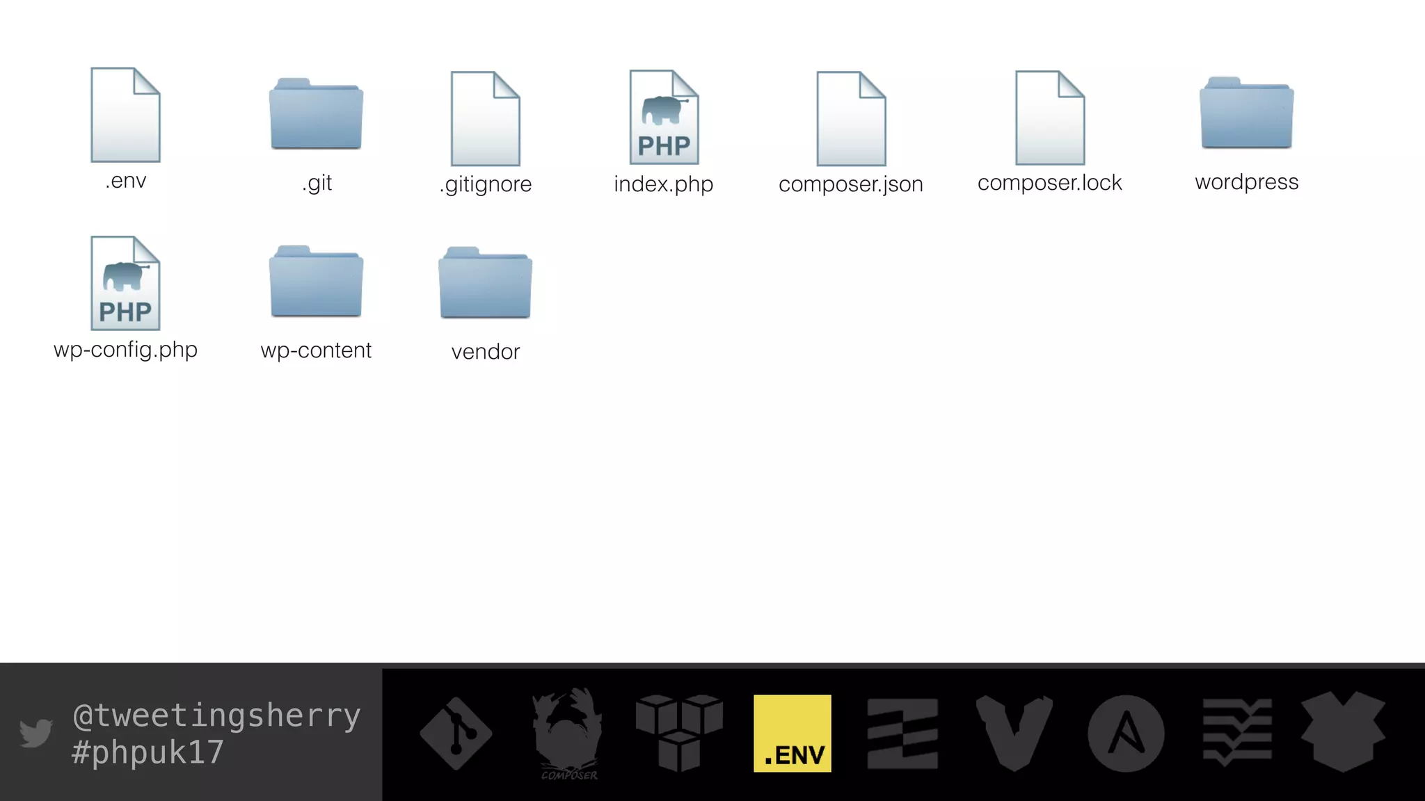 @tweetingsherry
#phpuk17
index.php
wp-conﬁg.php
wordpress
wp-content
composer.json composer.lock.gitignore.git.env
vendor
 