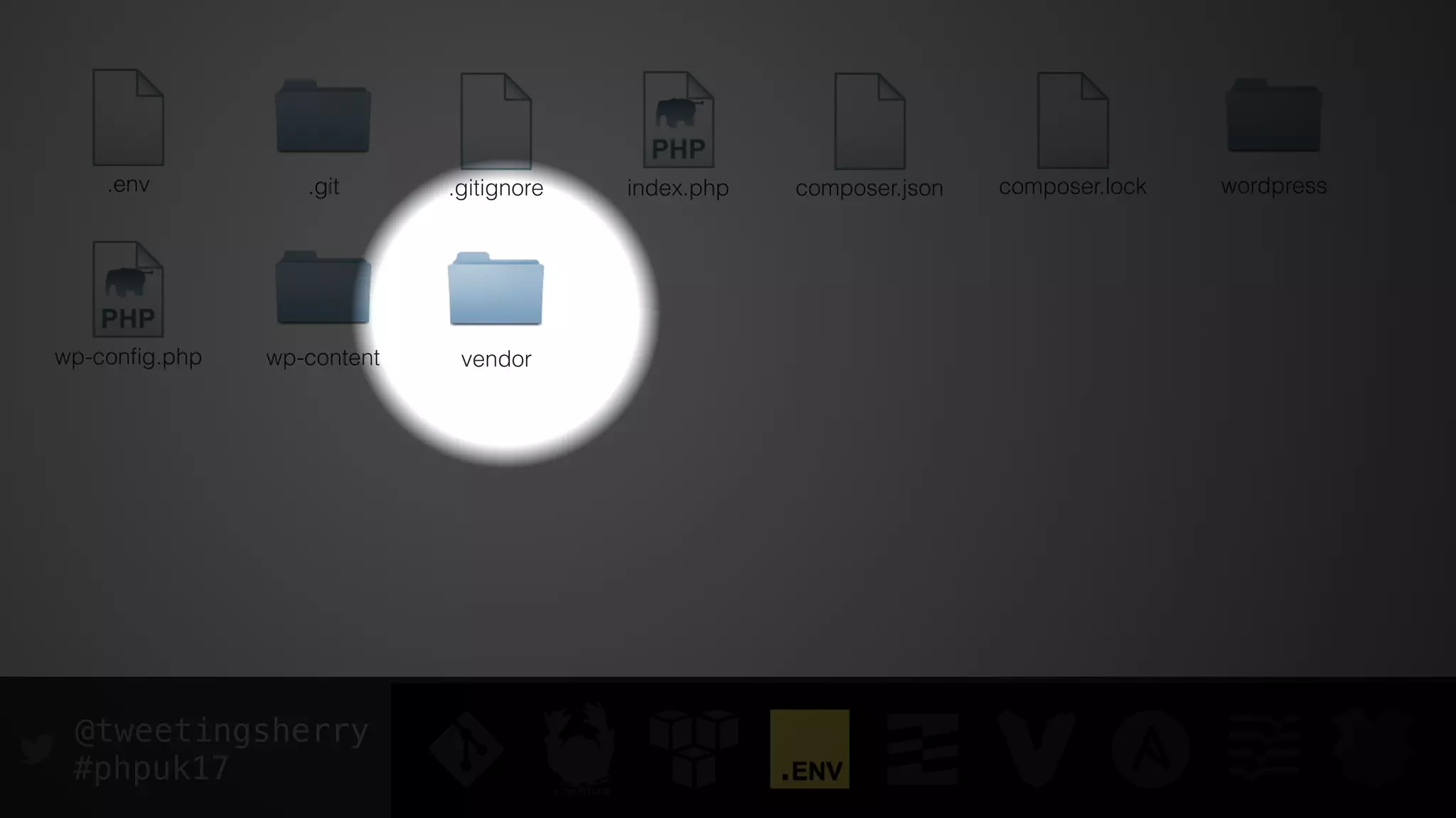 @tweetingsherry
#phpuk17
index.php
wp-conﬁg.php
wordpress
wp-content
composer.json composer.lock.gitignore.git.env
vendor
 