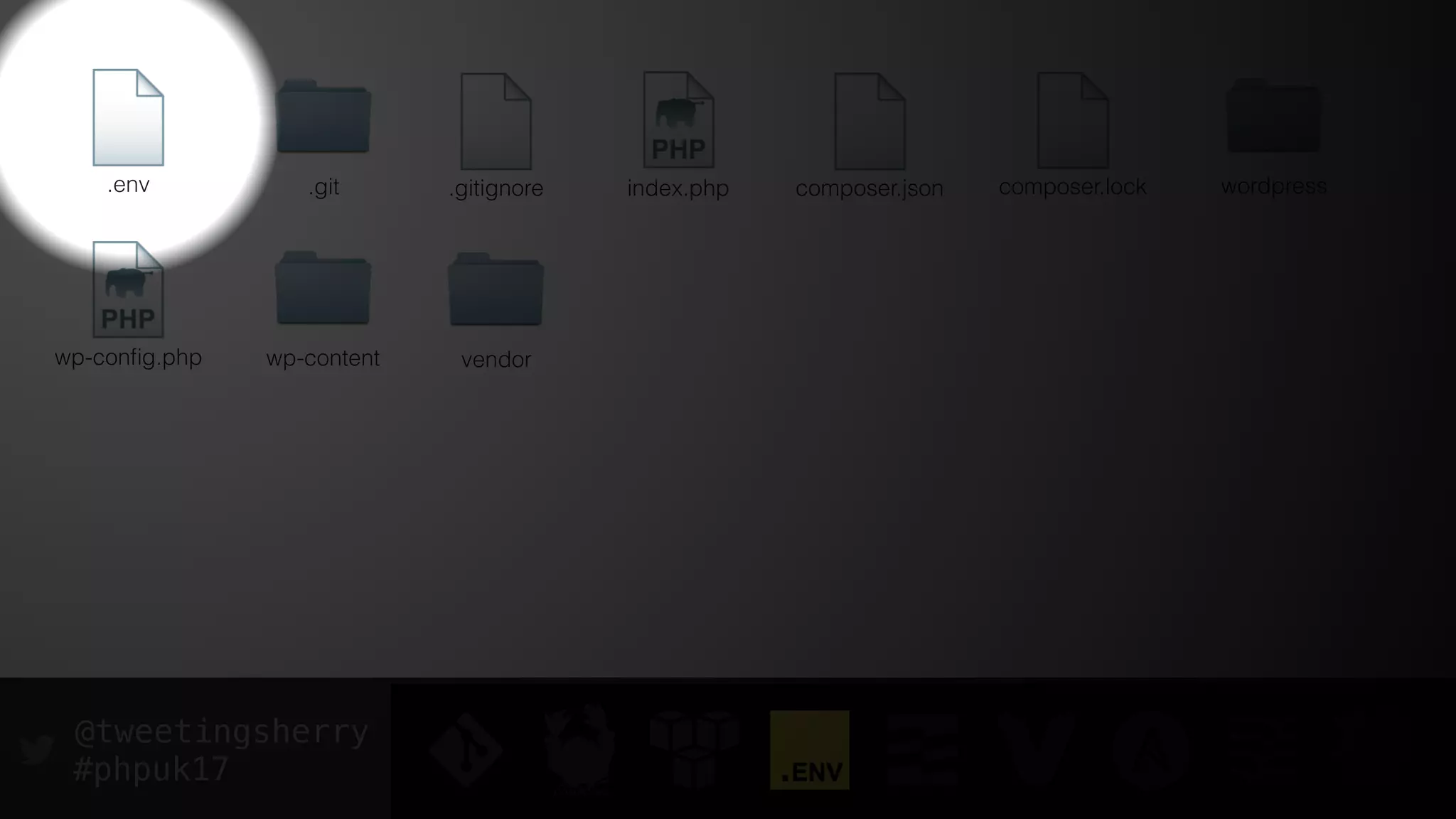 @tweetingsherry
#phpuk17
index.php
wp-conﬁg.php
wordpress
wp-content
composer.json composer.lock.gitignore.git.env
vendor
 