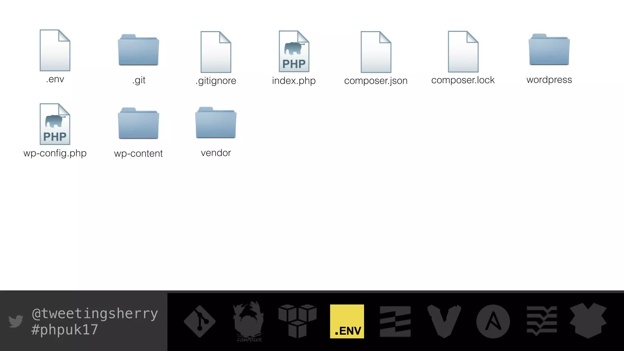 @tweetingsherry
#phpuk17
index.php
wp-conﬁg.php
wordpress
wp-content
composer.json composer.lock.gitignore.git.env
vendor
 