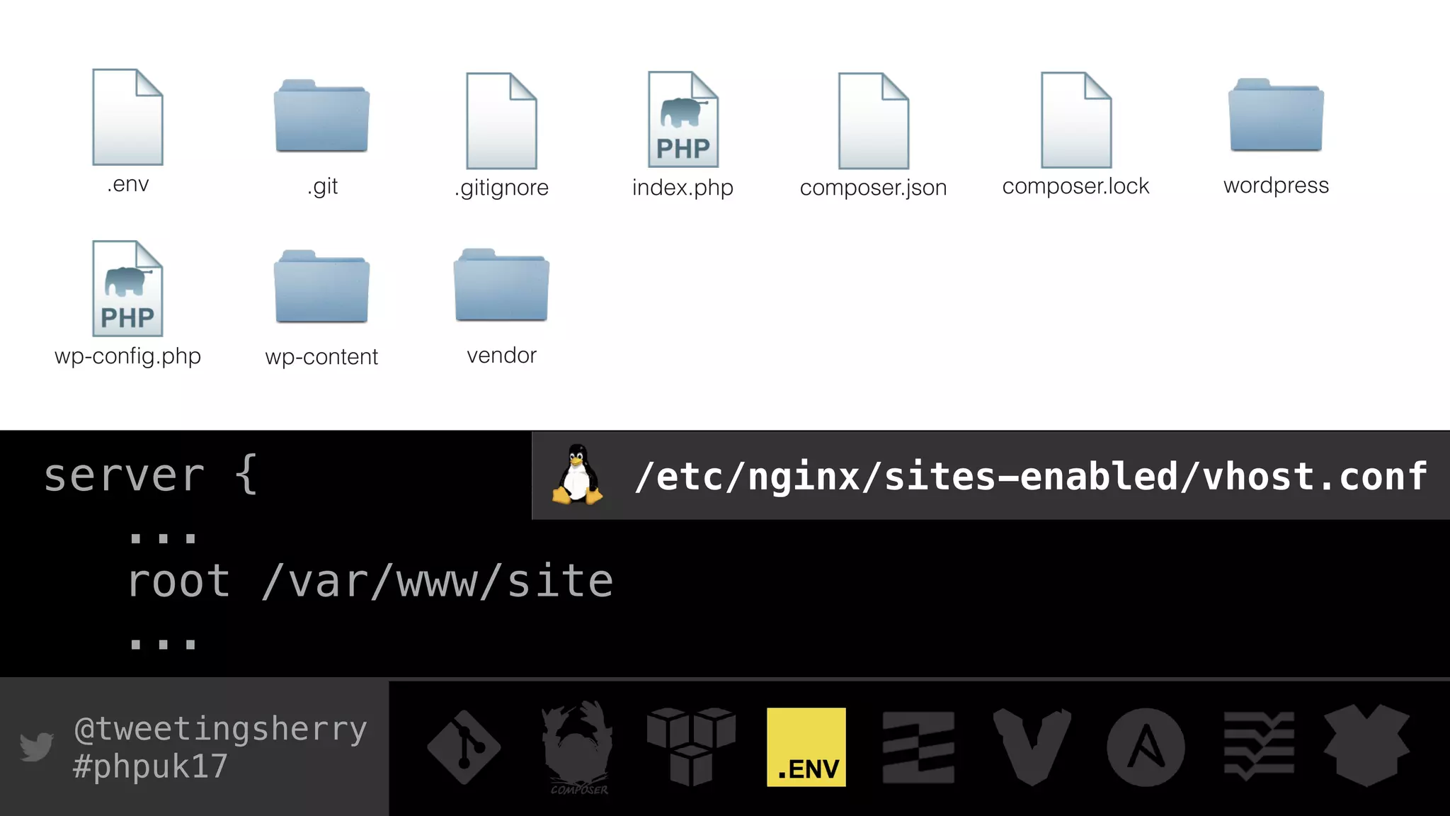 @tweetingsherry
#phpuk17
index.php
wp-conﬁg.php
wordpress
wp-content
composer.json composer.lock.gitignore.git.env
server {
...
root /var/www/site
...
/etc/nginx/sites-enabled/vhost.conf
vendor
 